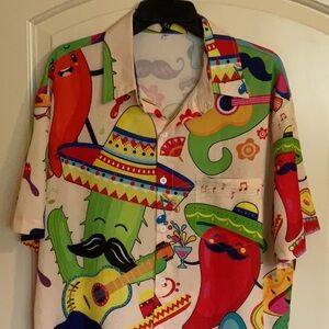 Mexican Fiesta Pepper Mariachi Men’s Button Down Hawaiian Bowling Shirt Size XL